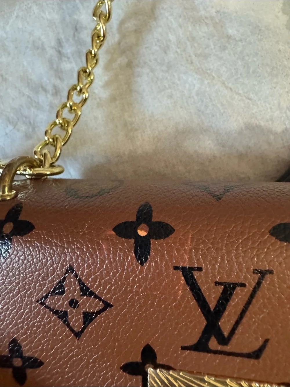 Brown Monogram Crossbody Bag with Gold Chain